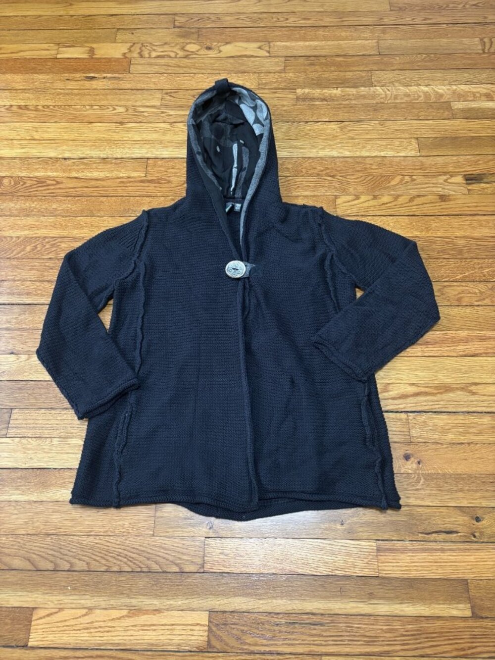 Shannon Passero Women’s Cardigan Sweater Size Large Black Cotton Knit Hooded